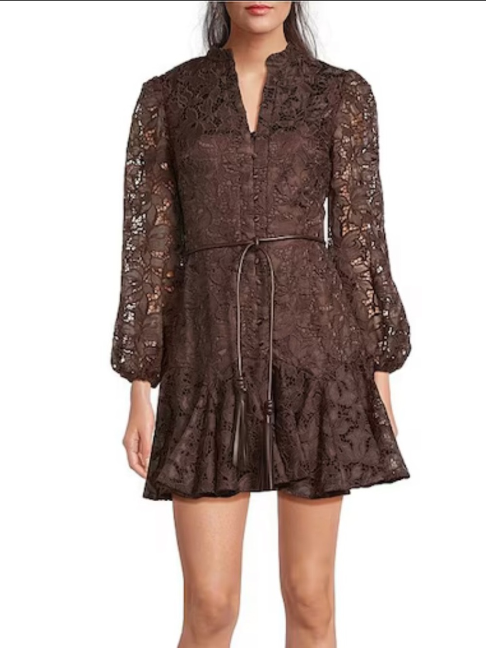 Marchesa Brown Lace Long-Sleeve Mini Dress